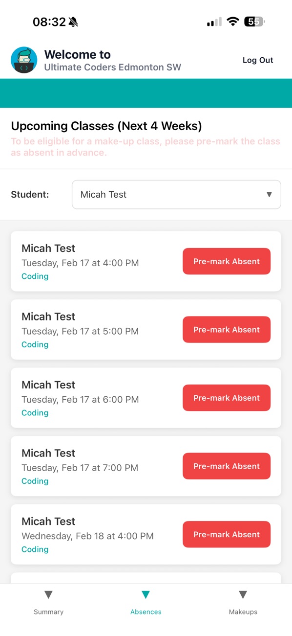 Upcoming classes over four weeks, each with a pre-mark absent control