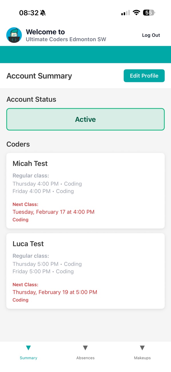 MySchedio account summary, listing each enrolled child with their regular class times and next session